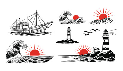 Japanese Seascape Elements With Fishing Boat Lighthouse Waves And Sun ocean great wave