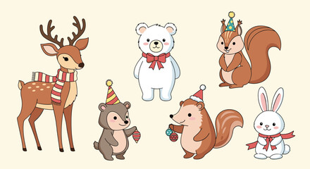 Fototapeta premium Group of adorable forest animals including a deer, bear, and squirrel wearing colorful party hats for a birthday celebration.