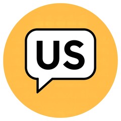 A stylized illustration of a speech bubble with the letters US inside, set against a yellow circle on a white background.