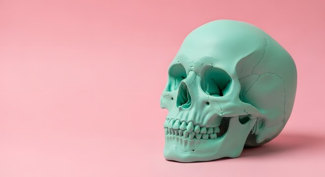Pastel Mint Green Skull on Pink Background, Minimalist Pastel Goth Decor, Edgy Soft Color Block