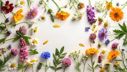 Assorted vibrant wildflower blooms & greenery frame a clean white backdrop, creating a cheerful, natural arrangement