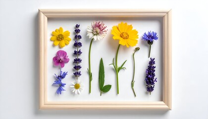 Assorted wildflowers, diverse shapes/colors, arranged neatly in a light wooden frame on a bright white background