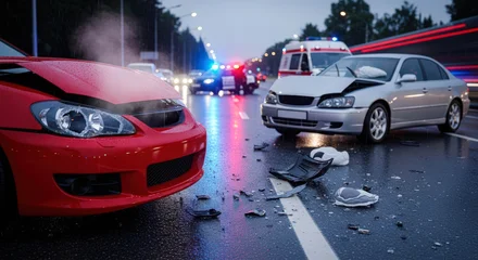 Canvas schilderij Voertuigen Car accident scene with damaged vehicles on wet road at night. Emergency services responding to crash after dark. Insurance claim concept.  © moo