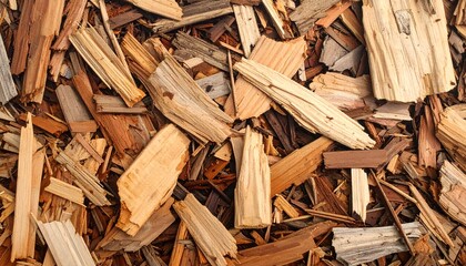 Assorted wood chips in light and dark browns, creating a textured background