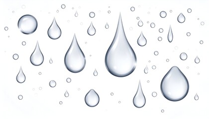 Assortment of translucent water droplets of various shapes and sizes on a white background