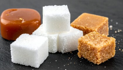 Assortment of sweets fudge, brown sugar cubes, and white sugar cubes displayed on a dark surface