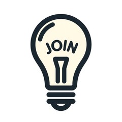 A simple black and white illustration of a lightbulb with the word JOIN inside it