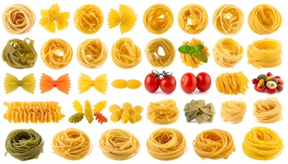Assortment of various pasta shapes arranged in rows against a white backdrop, showing textures and slight color variations