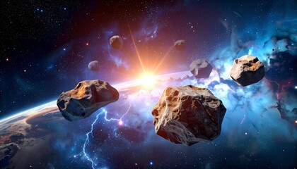 Asteroids float against a backdrop of space, planet, nebulae, lightning, and a shining center
