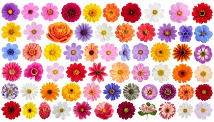 Assortment of varied flowers in bright colors on a white background in a grid pattern, from top to bottom