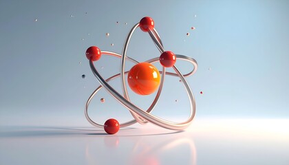Atom depiction with orange nucleus, red electrons orbiting on silver rings, floating in soft light