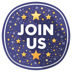 A vibrant graphic design featuring a starry night sky with a prominent call to action to join a community or event