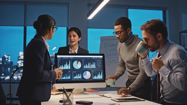 Business team engaged in dynamic discussion around data analysis, showcasing teamwork and collaboration, camera captures action with smooth pan and zoom movements