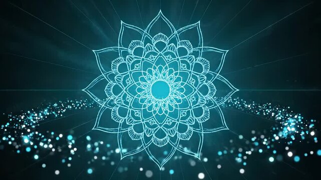 Stunning blue mandala design with glowing petals and sparkles