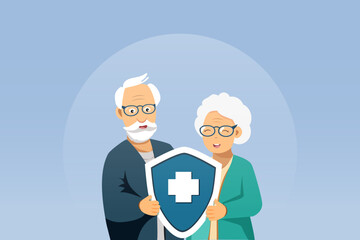 Senior couple with medical insurance shield for health, life and accident protection. Medical and healthcare insurance planning for elderly wellbeing, healthy aging concept. Vector.
