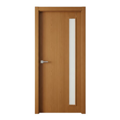 Modern wooden door with glass panel and silver handle isolated on transparent background