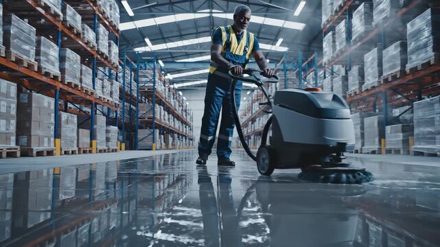 Warehouse worker operates a floor scrubber, showcasing the cleaning process with reflections on the polished surface, camera pans to follow the action