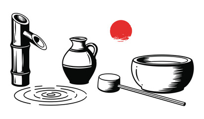 Japanese Tea Ceremony Elements Bamboo Fountain Pitcher Bowl and Sun Symbol water feature