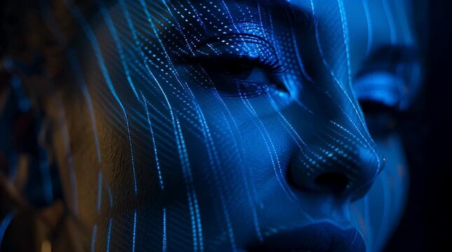 A close-up portrait of a woman's face illuminated by a blue digital grid overlay, showcasing futuristic technology and human emotion in a dark environment.