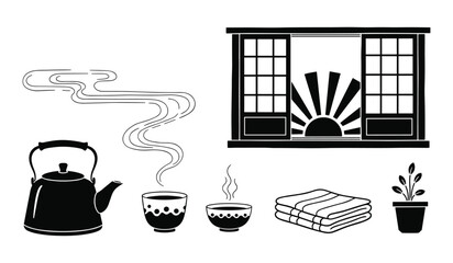Japanese Tea Ceremony Elements Kettle Cups Towel Sliding Door And Rising Sun teapot teacup
