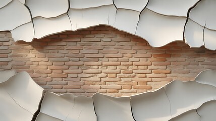 Brick wall exposed, peeling white plaster frame, grunge weathered surface, old vintage structure, distressed interior