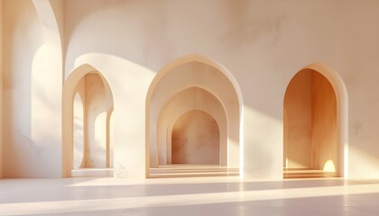 Warm Light Illuminating Series of White Arched Niches in Minimalist Interior