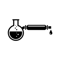 Obraz premium Classic distillation apparatus icon. Minimalist vector illustration of a laboratory flask connected to a condenser tube. Black and white technical line art for chemistry, alchemy, and science process