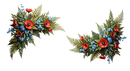 Decorative floral arrangements with red poppies and blue forgetmenots isolated on transparent background transparent background