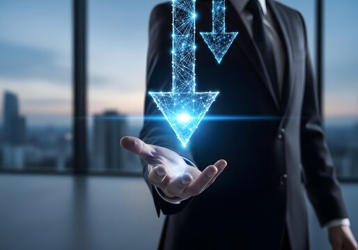 businessman in formal suit holding glowing blue downward arrows symbolizing financial decline market downturn corporate loss