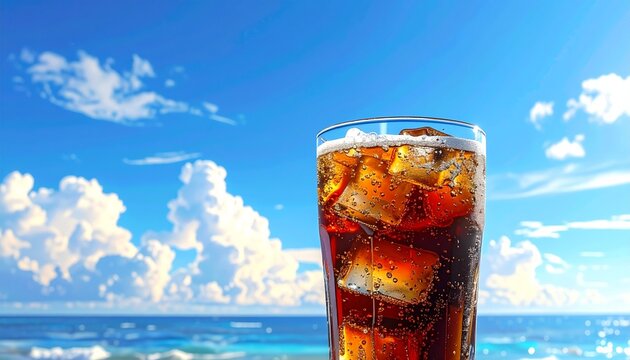 真夏の青空、白い雲を背景にした冷たいコーラのイメージイラスト