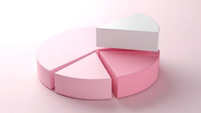 A 3D rendered pie chart with pink and white segments on a soft pink background.