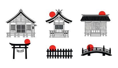 Japanese Traditional Architecture and Symbols Torii Gate Pagoda Bridge and Fence with Red Sun Icons Keywords: Japan, Japanese, architecture, building, temple, shrine, torii, gate, bridge, fence
