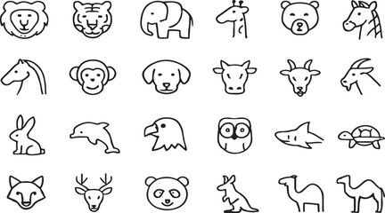 Obraz premium Animal Outline Icon Set – Minimal Line Art Wildlife Vector Collection, Black Stroke Pictogram Pack