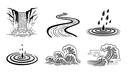 Japanese water elements and waterfall illustrations with red circles on white background Keywords: waterfall, river, waves, water drops, ripple, splash, water, nature, landscape, ocean, sea