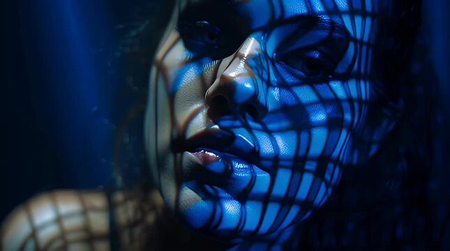 Woman with blue grid facepaint gazes intensely into the distance in a dark, moody close-up portrait