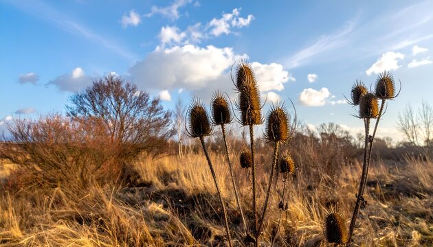 Autumn field with teasels under a bright sky with clouds, distant trees. Warm colors