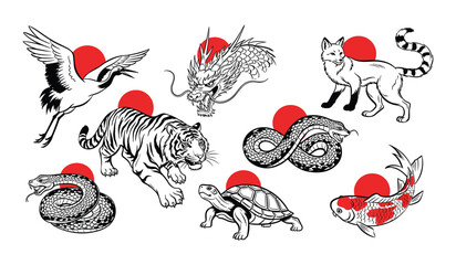 Japanese Zodiac Animals Dragon Tiger Crane Fox Snake Turtle Koi Fish vector illustration