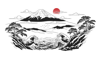 Majestic Japanese Landscape with Mount Fuji Crashing Waves and Pine Trees japan japanese landscape mount fuji volcano ocean waves sea coast pine trees bonsai tree clouds sky birds illustration art