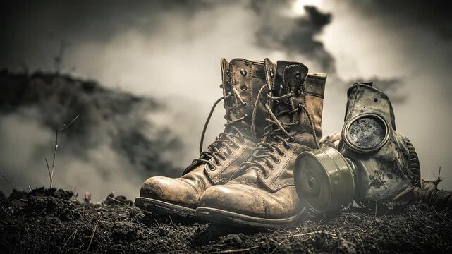 Worn combat boots and a gas mask rest on the ground, symbolizing conflict and environmental hazards.