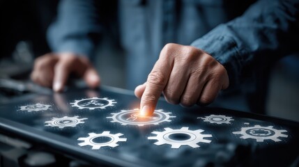Hand of a person interacting with digital touchscreen displaying gears and cogs, symbolizing technology, innovation, and automation in modern industry