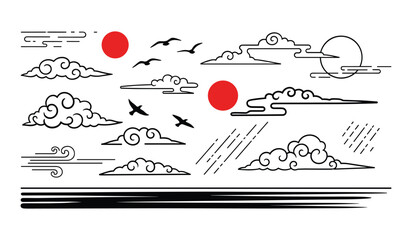 Traditional Japanese Clouds Sun and Birds Vector. clouds, japanese, birds, traditional, frame, vintage