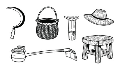 Vintage Farming Tools and Rustic Furniture Sickle Basket Wooden Stool and Hoe
