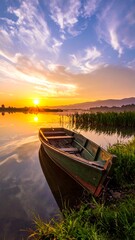 Obraz premium A picturesque shot of a wooden boat on the serene lake as the sun rises, colors the sky