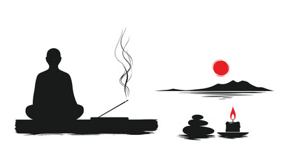 Zen Meditation Scene Silhouette of Person Incense Stacked Stones Candle and Mountain Landscape Keywords: zen, meditation, silhouette, person, incense, stick, smoke, stacked, stones, cairn, candle