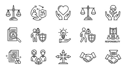 Fototapeta premium Corporate Ethics and Social Responsibility Line Icons Set on Isolated White Background