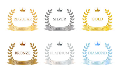 王冠と月桂冠をあしらったラグジュアリーな会員ランクエンブレム6種セット（ゴールド・シルバー・ブロンズほか）