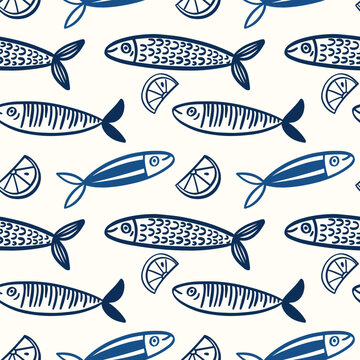Mediterranean summer seamless pattern. Dolce vita print. Coastal sardines and lemons. Vector background textile design