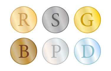 金属質感の円形コイン型イニシャル入り会員ランクアイコンセット（R・S・G・B・P・D）