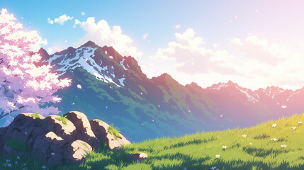 Fototapeta premium Embrace the Beauty of Nature: A Stunning Landscape of Blossoming Trees, Majestic Mountains, and Tranquil Meadows Under a Serene Sky