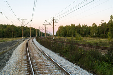 Obraz premium rails extending into the distance in the forest, railway tracks go through the forest
